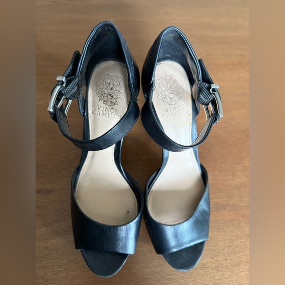 Vince Camuto Leather Black Open-Toe Wooden Heels - Picture 1 of 4